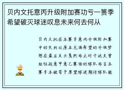 贝内文托意丙升级附加赛功亏一篑季希望破灭球迷叹息未来何去何从